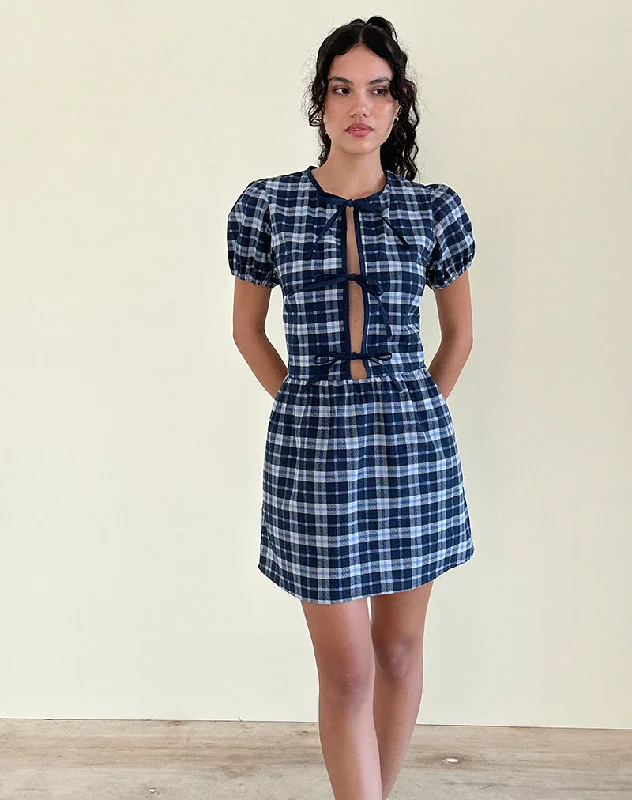 Charming Women's Clothes For Special Events Byan Tie Front Dress in Tartan Dark Blue