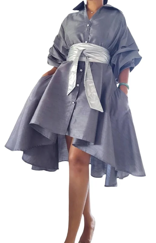 Timeless Women's Clothing Faux Silk Swing Dress In Gray