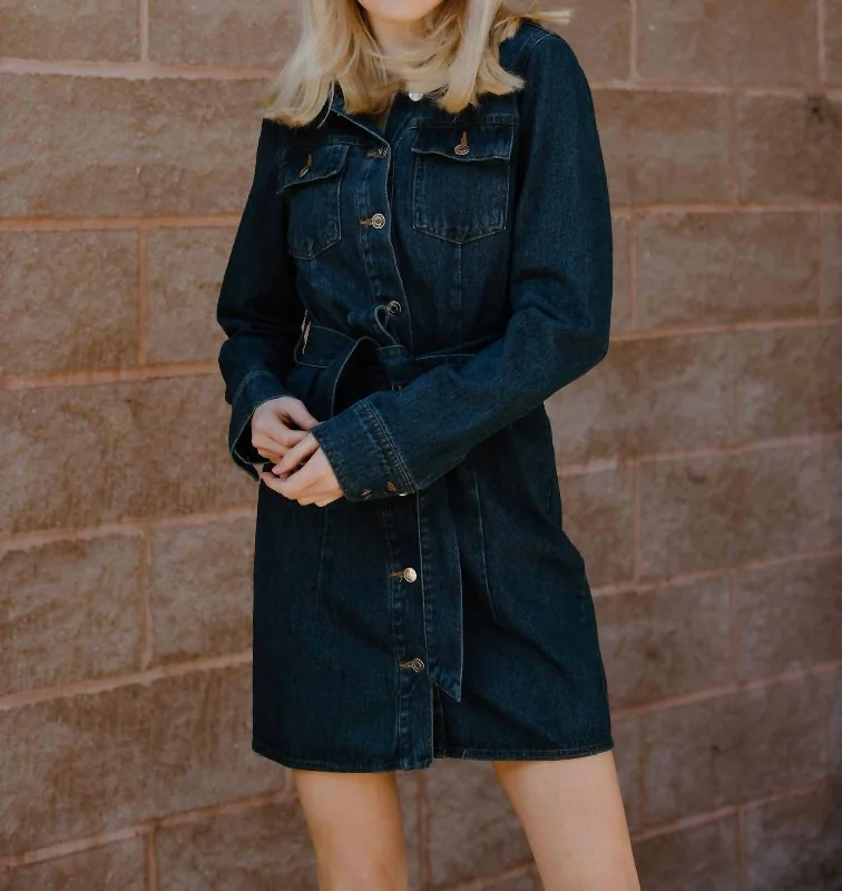 Stylish Clothes For Women Denim Belted Dress In Blue