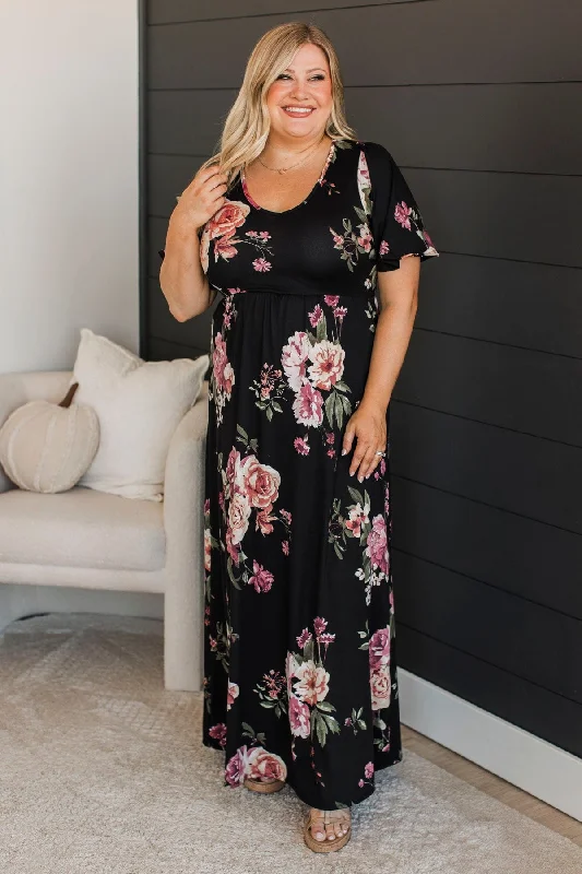 Women's Outerwear Clothing Major Moment Floral Maxi Dress- Black