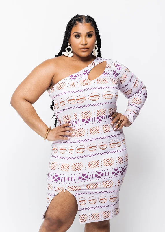 Fashion-Forward Women's Clothing Deja Women's African Print One Stretch Shoulder Dress with Cut-Out (Mauve Plum Mudcloth) - Clearance