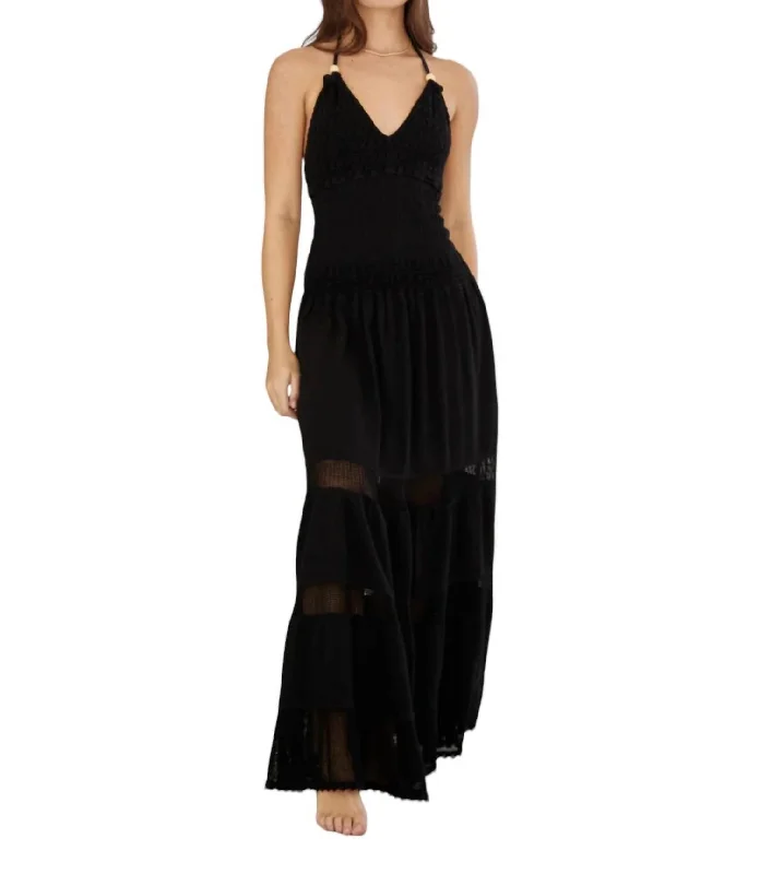 Limited Time Offer Carly Long Crochet Halter Dress In Black