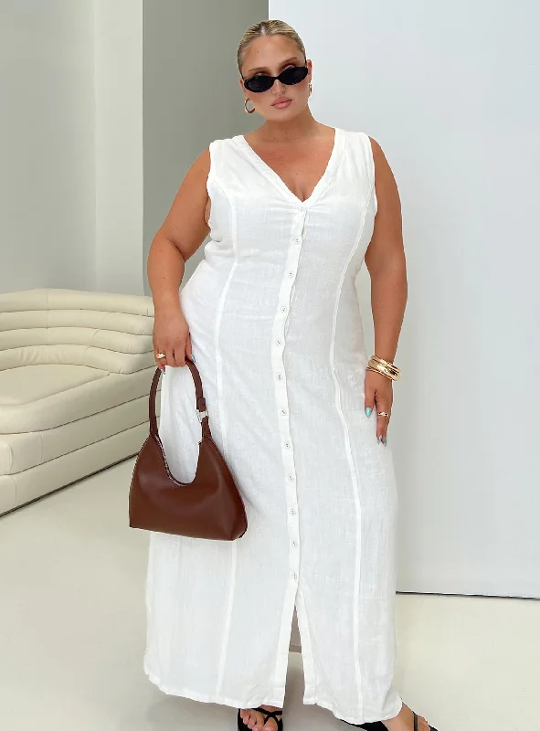 Elegant Women's Fashion Summer Season Linen Blend Maxi Dress White Curve