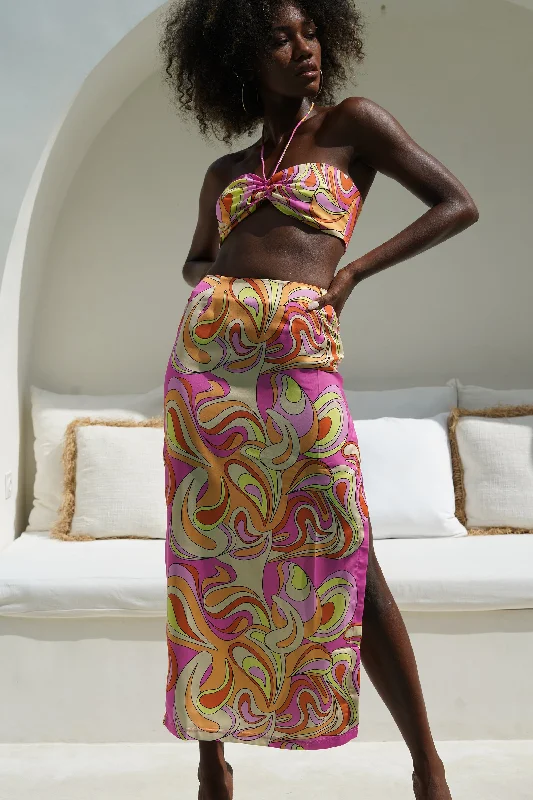 Women's Evening Attire Casual Fashion Frankie Two Tone Satin Maxi Skirt - Psychedelic Print
