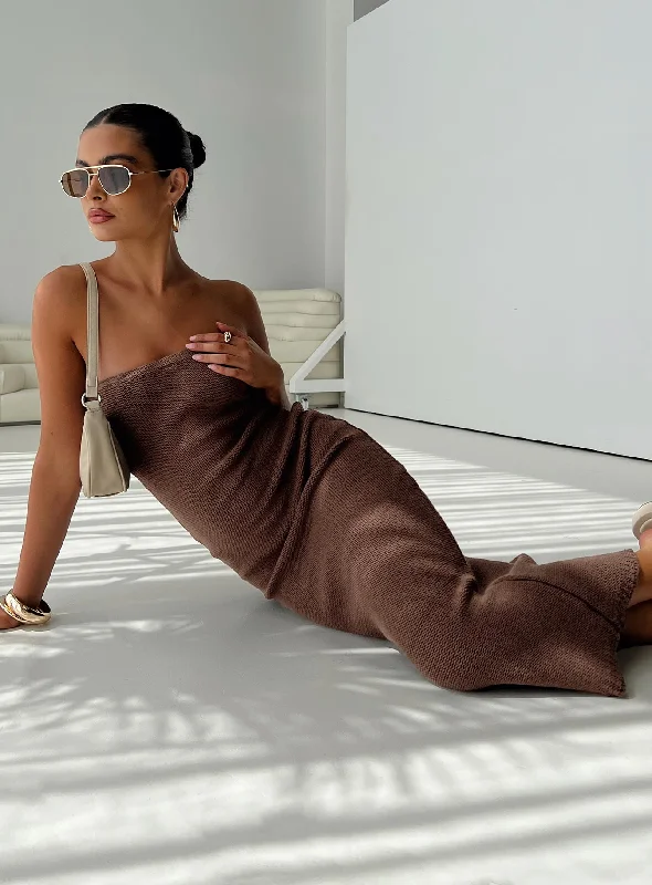 Women's Seasonal Clothes Flow Strapless Maxi Dress Brown