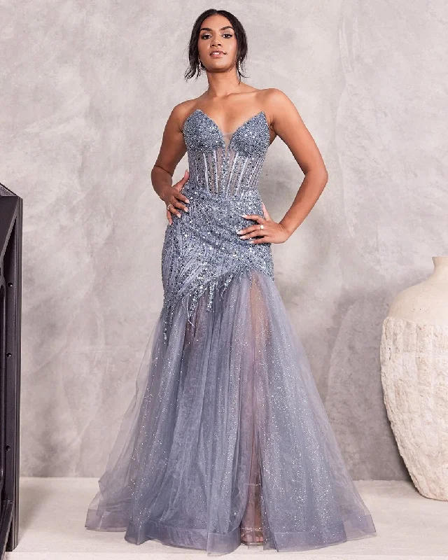 Stay Ahead In Style Daisy Beaded Strapless Gown - Smoky Blue Effortless Style