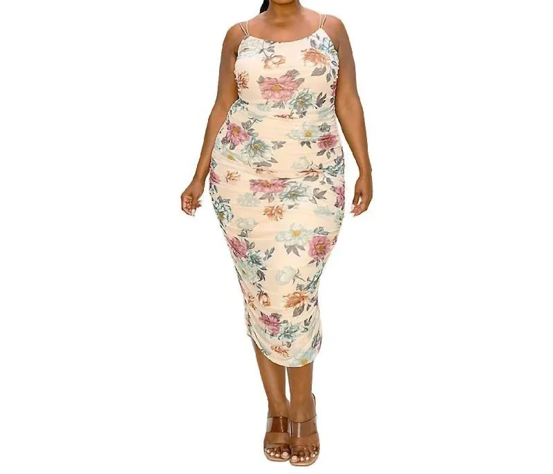 Formal Garments For Women Print Mesh Cinch Dress Plus Size In Cream