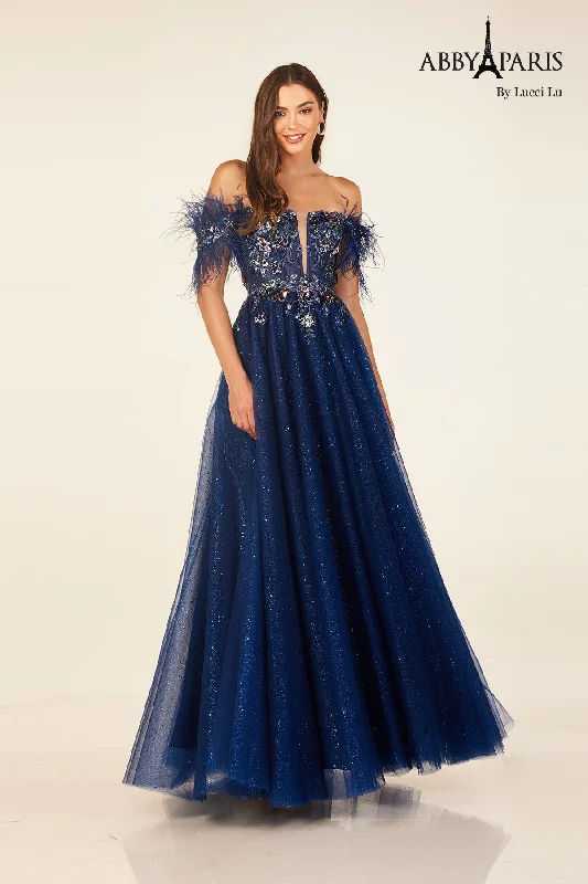 Easy Elegance Sales Feather Off Shoulder A-line Gown by Abby Paris 90318 Soft Textures