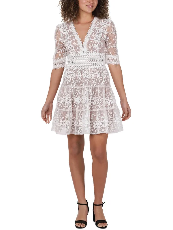 Women's Holiday Clothing Womens Lace Deep V Fit & Flare Dress