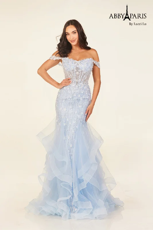 Fashion-Forward Offers Off Shoulder Ruffled Gown by Abby Paris 90333 Graceful Cut