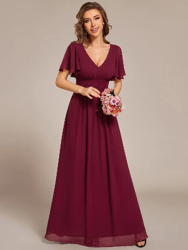 Daily Deals Short Sleeve Ruffled Lace-Up A-Line Maxi Bridesmaid Dress Great Deals On Ethnic Cultural Wear
