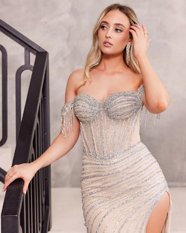 High-End Style Discounts Esther Off Shoulder Beaded Gown - Platinum Charming Silhouette