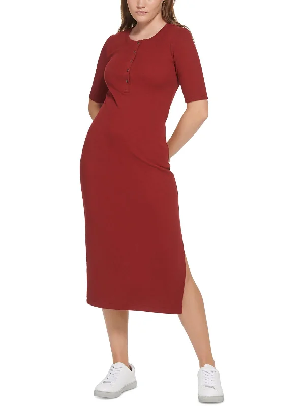 Sporty Streetwear Womens Knit Ribbed Sheath Dress