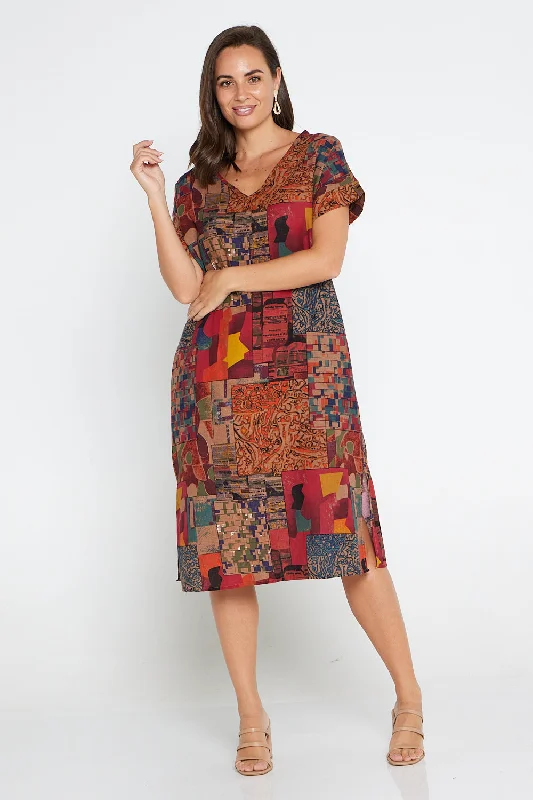 Women's Fashion Essentials Esiteri Cotton Dress - Burgundy Collage