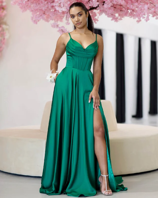 Must Haves Marlia Corset Satin Gown - Emerald Romantic Date - Night Ensemble