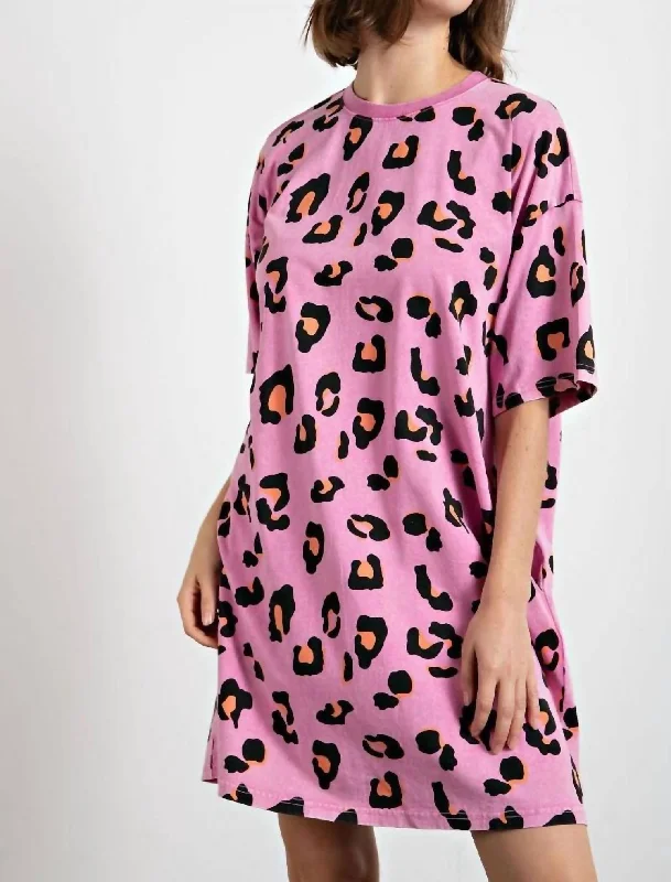 Women's Plus-Size Clothes Washed Leopard Tunic Tee Dress in Barbie Pink