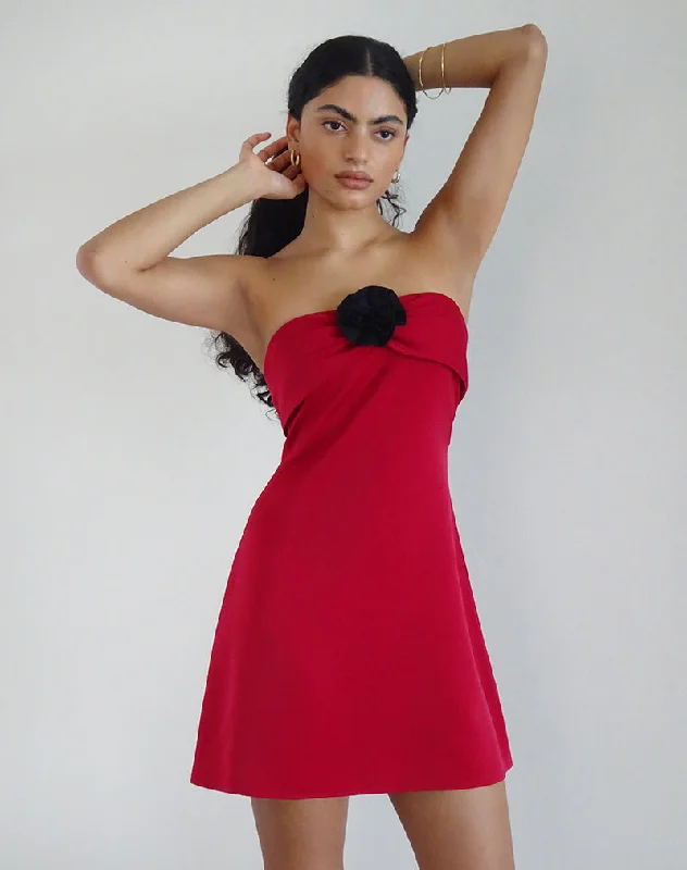 Plus-Size Women's Clothing Ninivala Dress in Red with Black Rosette