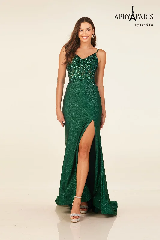 Classy Style Discounts Sequin Applique V-Neck Slit Gown by Abby Paris 90314 Casual Elegance