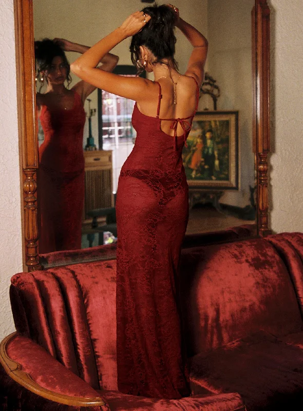 Stylish Women's Garments For Holidays Dynamo Sheer Lace Maxi Dress Red