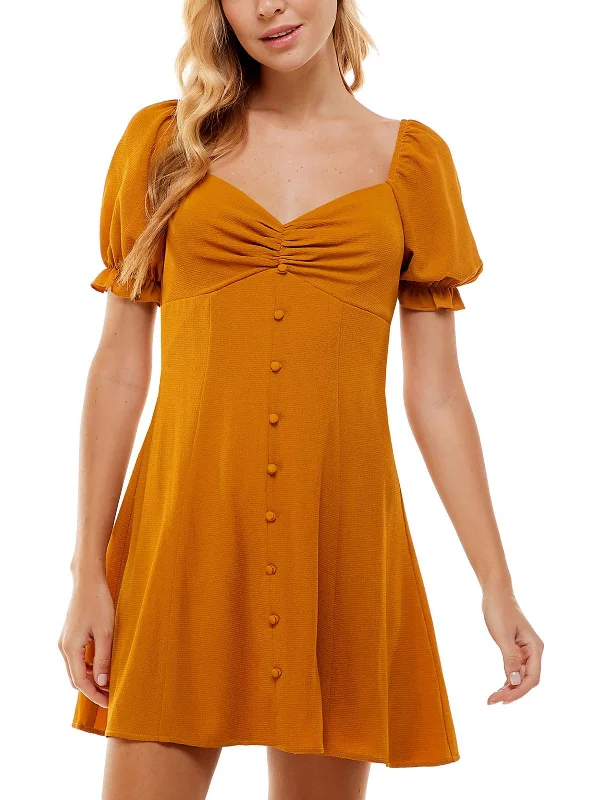 Online Boutiques Best Juniors Womens Sweetheart Neckline Puff Sleeves Fit & Flare Dress