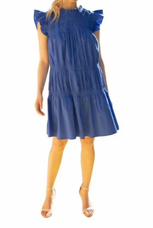 Boutique Dress Online Smocking Layered Ruffle Poplin Dress In Blue
