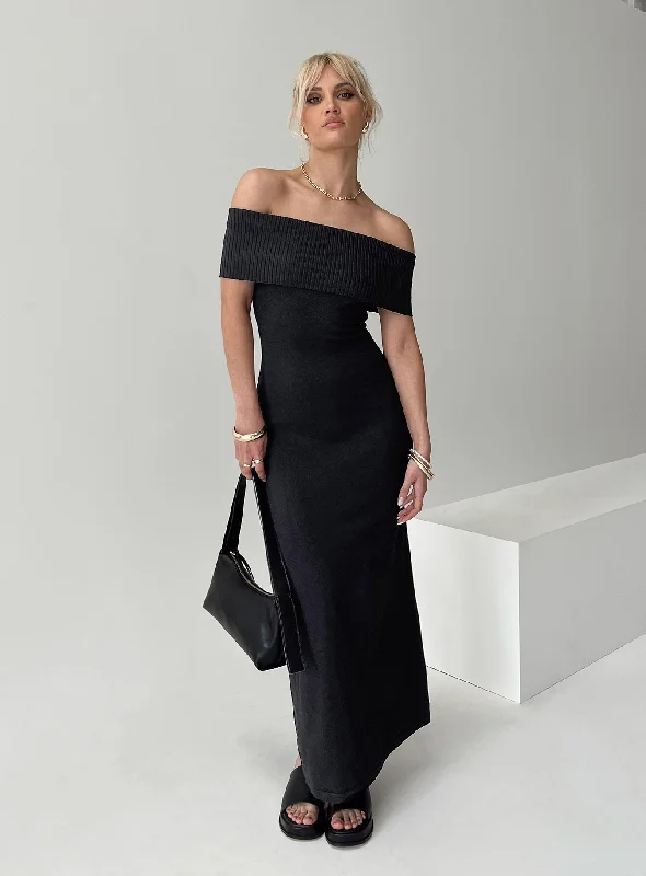 Classic Women's Clothing Styles Lassey Off The Shoulder Knit Maxi Dress Black