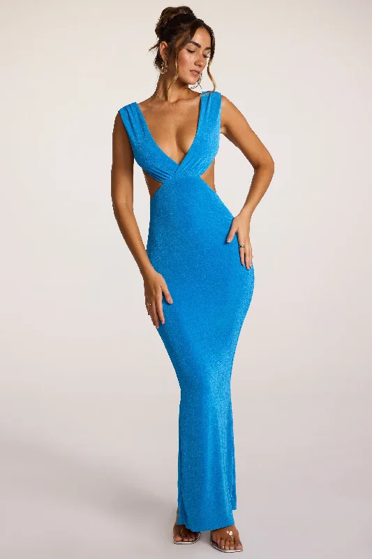 Women's Active Garments For Workouts Textured Jersey Plunge Neck Maxi Dress in Cobalt Blue