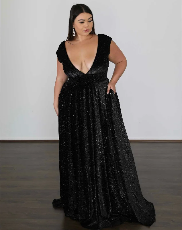 Fashion Forward, Function First Sabrina Glittery Velvet Gown - Black Glitter Modern Romance