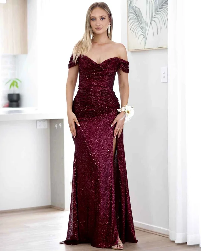 Style Breakthroughs Bellatrix Off Shoulder Sequin Gown - Wine Vintage Charm