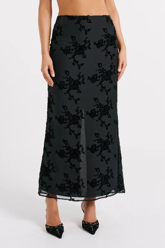 Women's Trendy Casual Outfit Everyday Fashion Mona Burnout Velvet Maxi Skirt - Black
