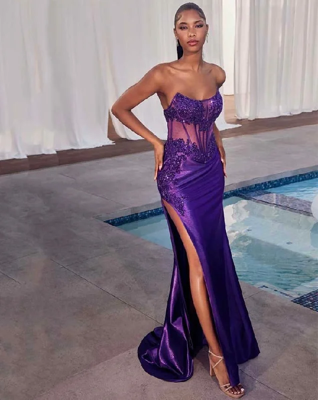 Laid-Back Fashion Offers Francesca Strapless Lace Satin Gown - Nova Purple Feminine Soft - Hued Look