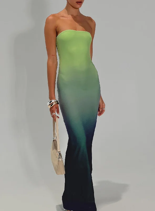 Rocker Chic Fashion Stolen Love Strapless Maxi Dress Blue / Green Ombre Tall