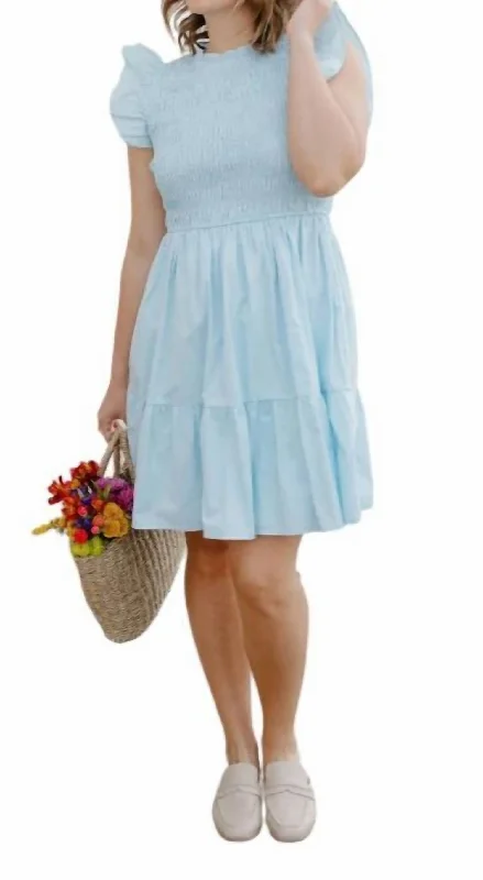 Casual Chic Ruffle Sleeve Smocked Dress In Blue