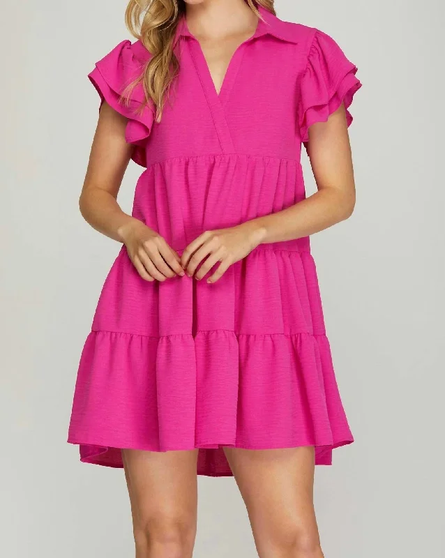Women Apparel Flutter Sleeve Collared Tiered V-Neck Dress In Hot Pink