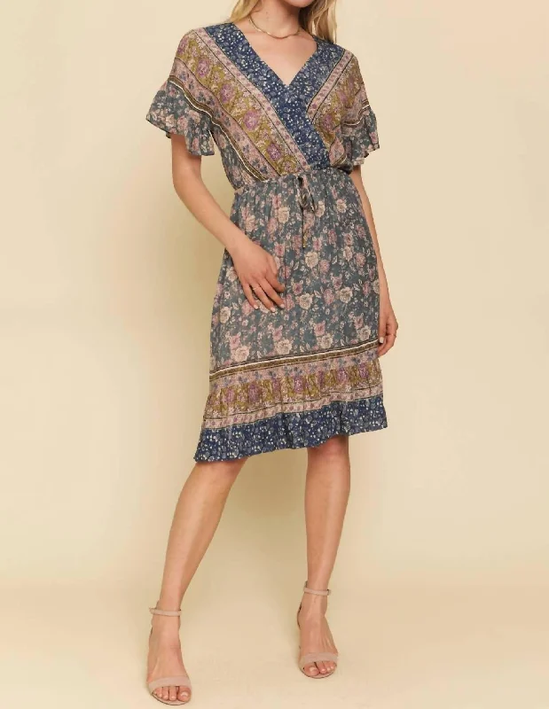 Trendy Women's Outfits for Casual Wear Ruffled Border Print Dress In Charcoal Blue