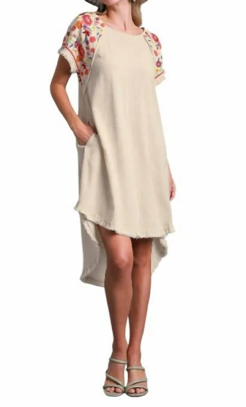 Women's Night-Out Outfit Linen Short Sleeve Embroidery High Low Dress In Oatmeal