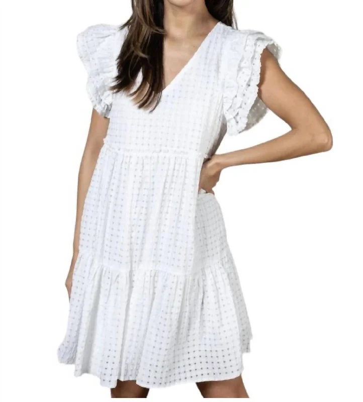 Plus-Size Women's Garments Gingham Flutter Sleeve Dress In White
