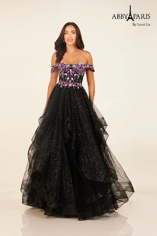 Exclusive Designer Style Deals Off Shoulder A-line Ruffled Gown by Abby Paris 90317 Flowy Fabric
