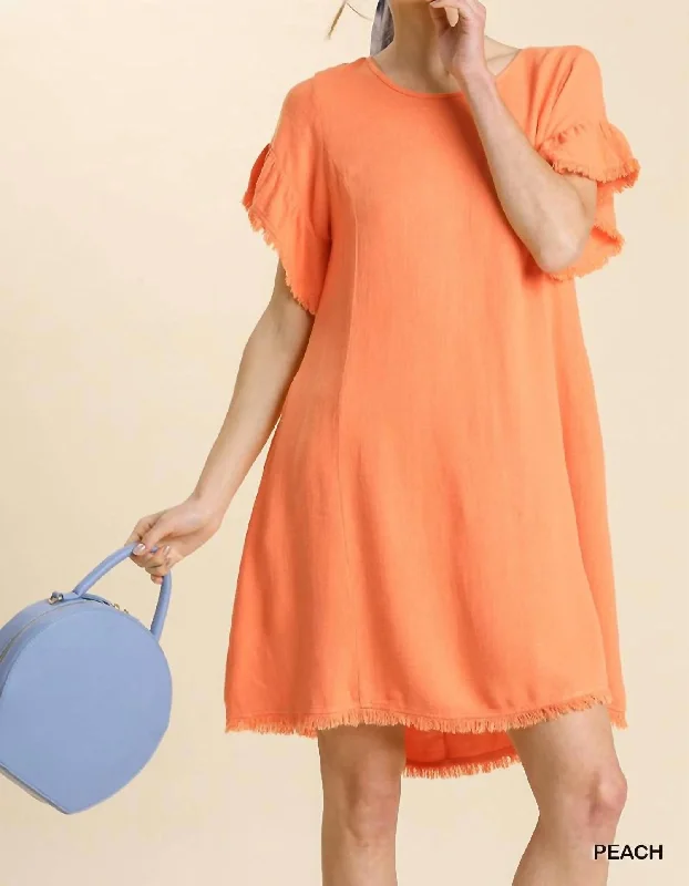 Sophisticated Outfits Linen Blend Back Cutout Detail Short Ruffle Sleeve Dress With Frayed Hem In Peach