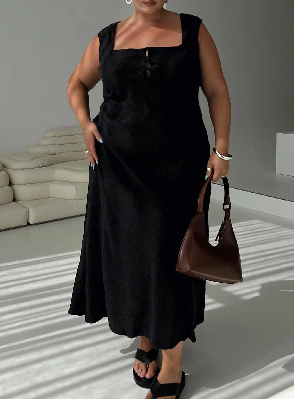 Women's Layered Outfit Chosen Girl Linen Blend Maxi Dress Black Curve