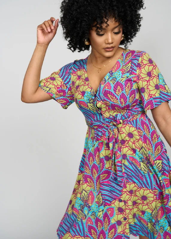 Women's Outerwear Garments Ifaya Women's African Print Dress (Aqua Flowers) - Clearance