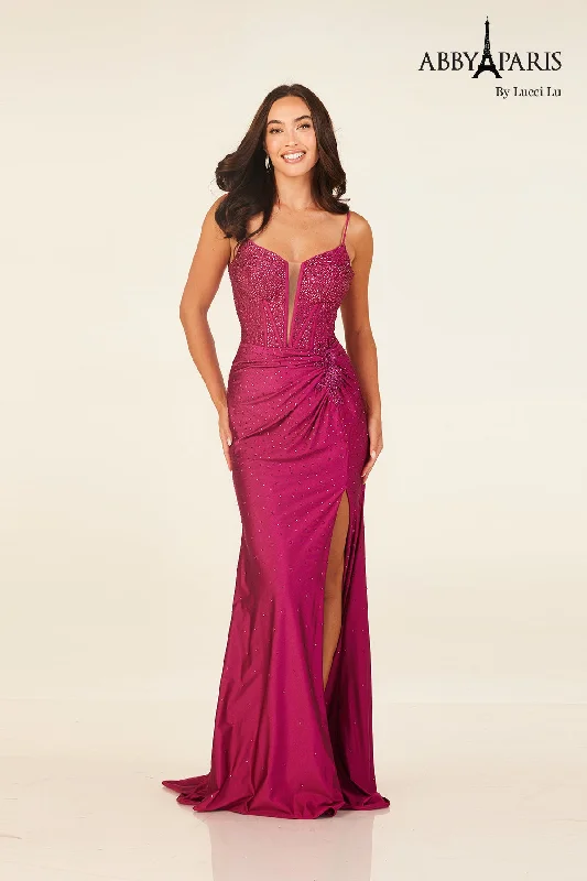 Chic & Modern Sales Beaded Jersey Corset Slit Gown by Abby Paris 90313 Luxury Comfort