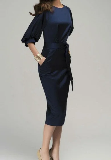 Limited Edition Casual Navy Blue Formal Retro Knee-Length Pencil Office Lady Work Dress with Belt Effortless Sophistication