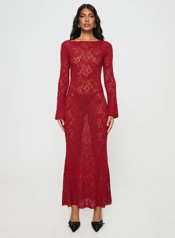 Women's Office Outfit Pricely Long Sleeve Maxi Dress Red
