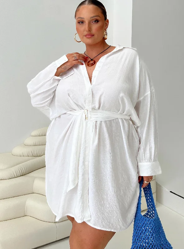 Trendy Athleisure Clothing For Women Bilari Textured Fabric Shirt Dress White Curve
