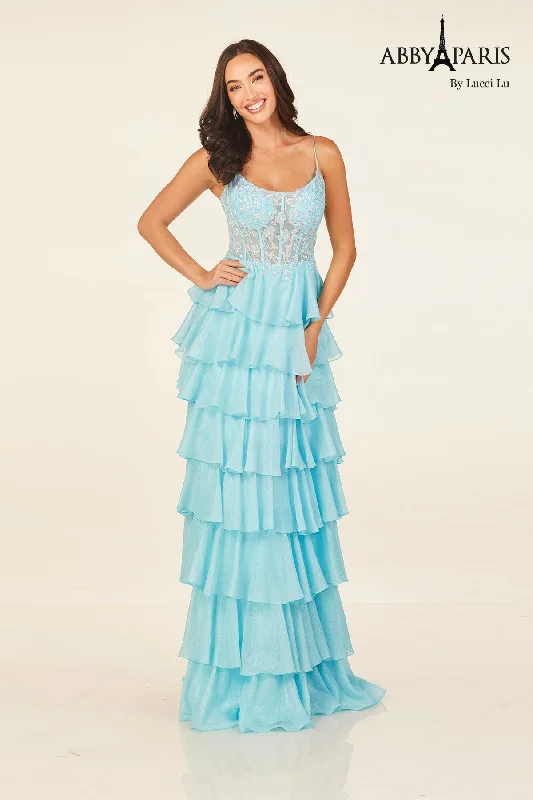 Timeless Elegance Sale Applique Corset Tiered Gown by Abby Paris 90326 Elegant Details