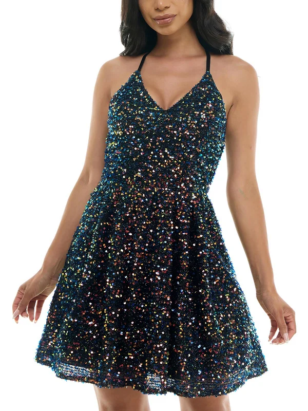 Elegant Women's Fashion Juniors Womens Crisscross Back Mini Fit & Flare Dress