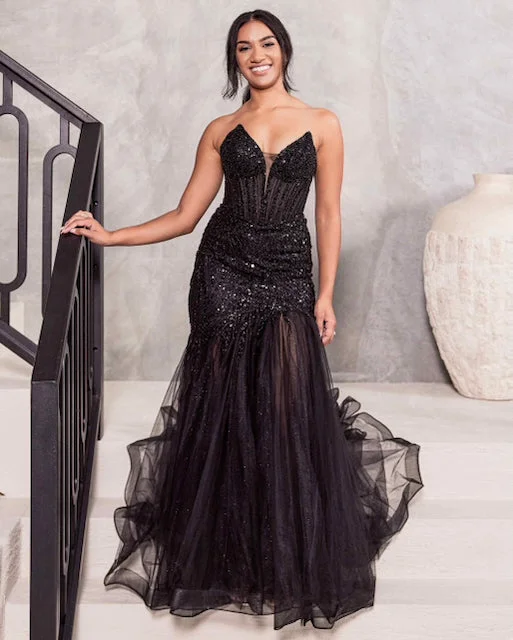 Urban Fashion Daisy Beaded Strapless Gown - Black Buy More, Save More