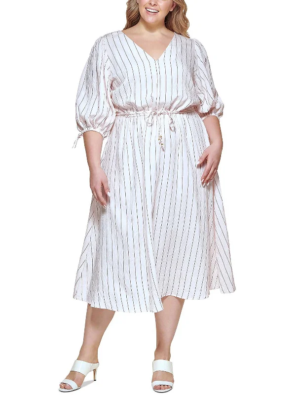 Sporty Streetwear Plus Womens Striped V-Neck Fit & Flare Dress