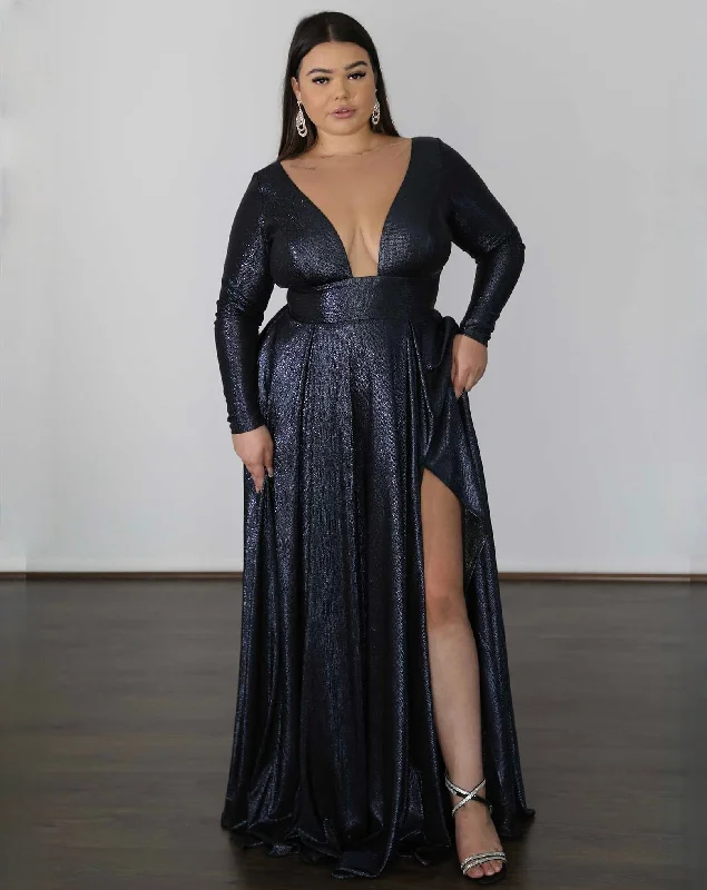 Holiday Glam Kylie Stretch Shimmer Gown - Midnight Navy Sophisticated Cut